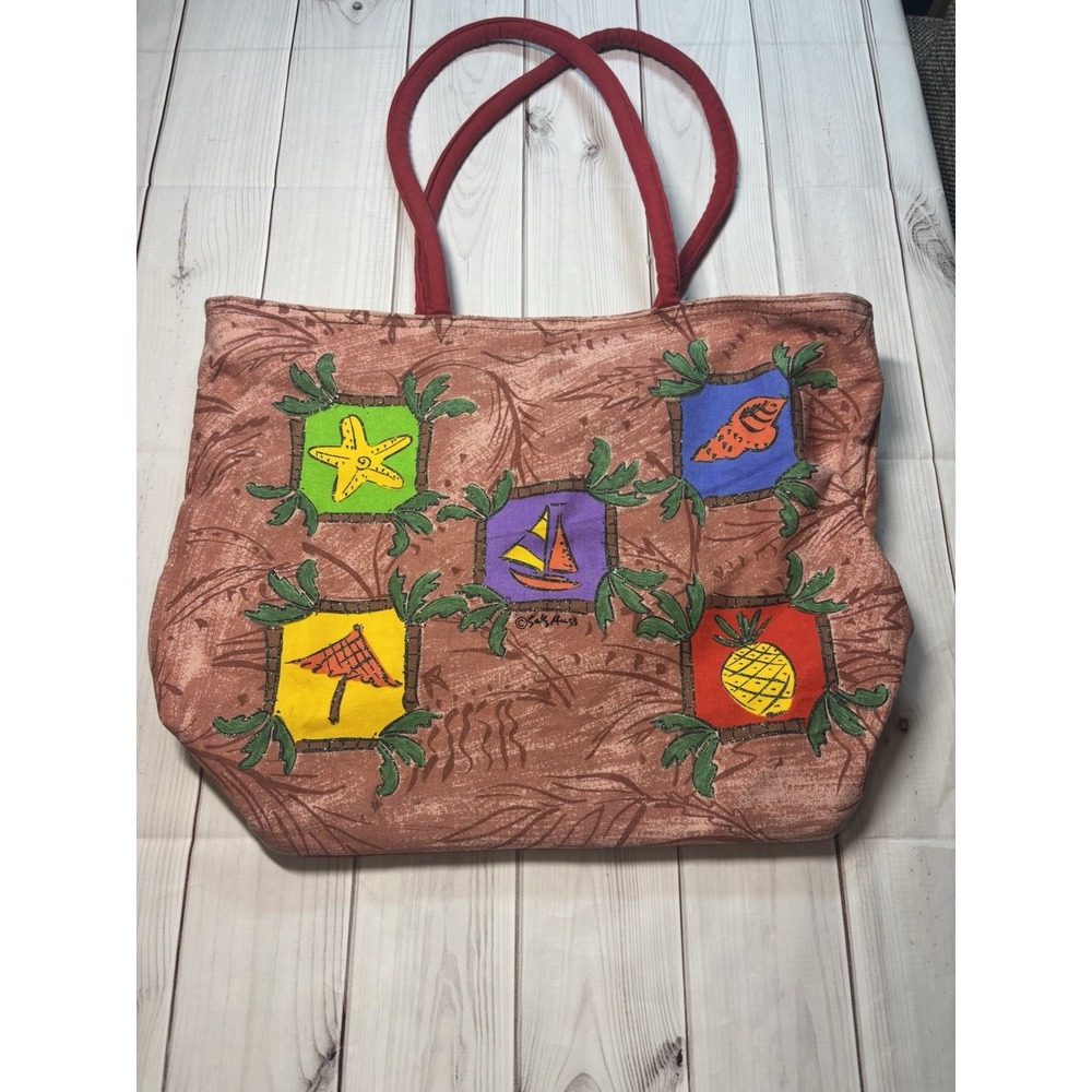 Sally Huss 1990s Vintage Beaded Braided Handles Tropical Tote Bag